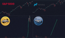 s & p 500 and nasdaq are displayed on a screen
