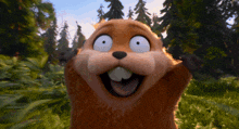 a cartoon squirrel with big eyes is standing in a field