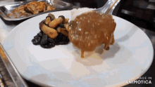 a white plate with rice and mushrooms on it is made in animatica