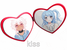a picture of a girl with blue hair is in a heart shaped frame with the word kiss below it