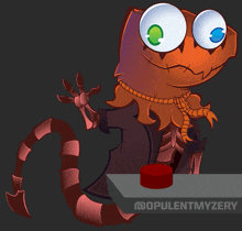 a cartoon lizard is sitting at a table with the word lizard behind him