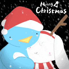 a blue bird wearing a santa hat is hugging a white snowman with the words merry christmas written on the bottom