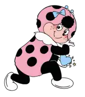 a ladybug in a pink and black polka dot outfit is holding a heart