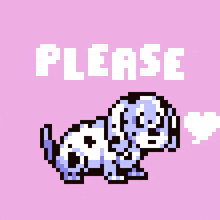a pixel art of a dalmatian dog with the words please below it