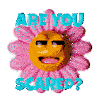 a pink flower with a yellow face and the words " are you scared "