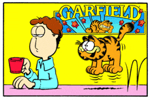 a cartoon of a man sitting at a table with a cup of coffee and garfield in the background