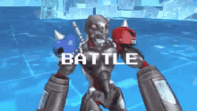 a robot is fighting another robot in a video game with the words battle written in white letters .