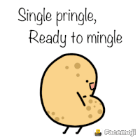 a cartoon of a potato with the words single pringle ready to mingle below it