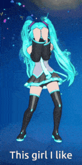 a girl with blue hair is dancing and the words " this girl i like " are below her