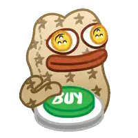 a cartoon character is pressing a green button that says buy
