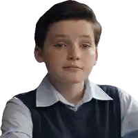 a young boy wearing a blue vest and a white shirt looks at the camera