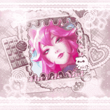 a picture of a girl with pink hair and the word miel on it