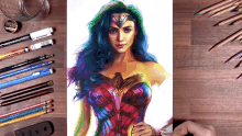 a drawing of wonder woman is surrounded by colored pencils and pens