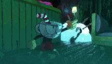 a cartoon of a cup with a red and white cane