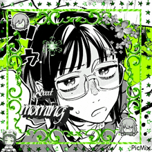 a black and white drawing of a girl with glasses and the words good morning written on it