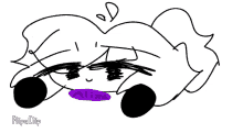 a black and white drawing of a girl with a purple lip and the word yes written on it