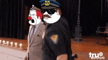 a clown and a police officer are standing next to each other and the words true $ doood are on the bottom