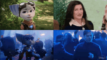 a collage of four images including a cartoon character and a woman