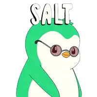 a green penguin wearing sunglasses and the word salt on its head