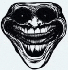 a black and white drawing of a troll face with a big smile and teeth .