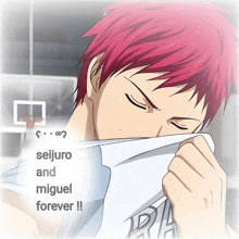 a red haired anime character with the words seijuro and miguel forever on the bottom