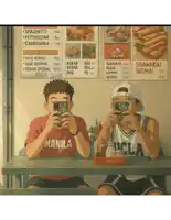 two boys sitting at a table with a manila shirt on taking pictures
