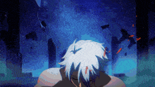 a man with white hair is standing in a dark room with a blue sky in the background