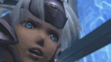 a close up of a video game character 's face with a surprised look on her face