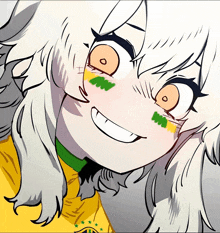 a drawing of a girl with white hair wearing a yellow shirt with a soccer ball on it