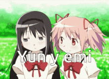 two anime girls are standing next to each other with yuny emi written on the bottom right