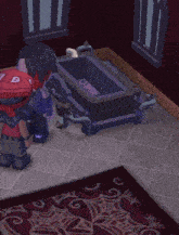 a video game character is standing next to a purple bathtub with a spider web pattern on it