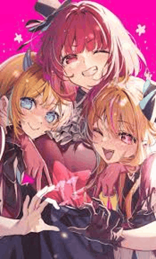 three anime girls are standing next to each other and making a heart with their hands .