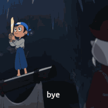 a cartoon of a boy holding a sword with the word bye in the corner