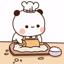 a cartoon drawing of a panda wearing a chef 's hat rolling dough
