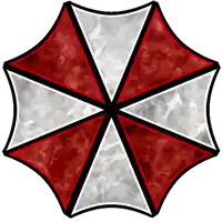 a red white and black umbrella with a gray background