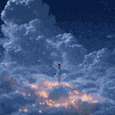 a woman in a white dress stands in the clouds