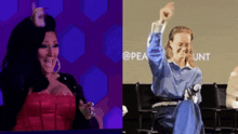 a woman in a red dress and a woman in a blue shirt