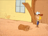 a cartoon of a man holding a sword standing next to a seesaw