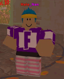 a cartoon character wearing sunglasses and a purple shirt with the letter t on it
