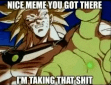 a cartoon of a man and a green monster standing next to each other with a caption .