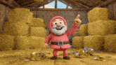 a cartoon gnome in a pink outfit points up at something