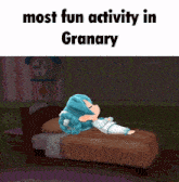 a cartoon girl laying on a bed with the words most fun activity in granary