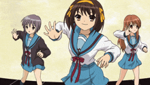 a group of anime girls are dancing in a row