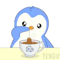 a penguin is sitting at a table with a cup of tea and the word pengu on the bottom