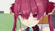 a close up of a red haired anime girl with red eyes