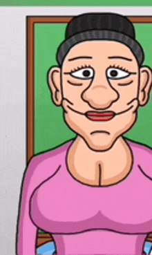 a cartoon of a woman wearing a pink shirt and a black hat .