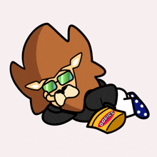 a cartoon lion wearing sunglasses and a bag of doritos