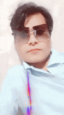 a man wearing sunglasses and a blue shirt poses for a picture