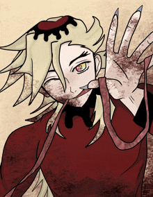 a drawing of a man with long nails and a red shirt