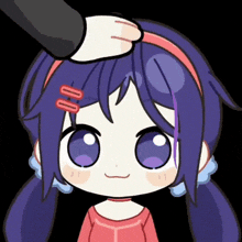 a cartoon girl with purple hair and a red headband